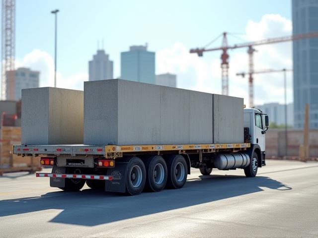 Flatbed trailer loaded with steel beams at a construction site