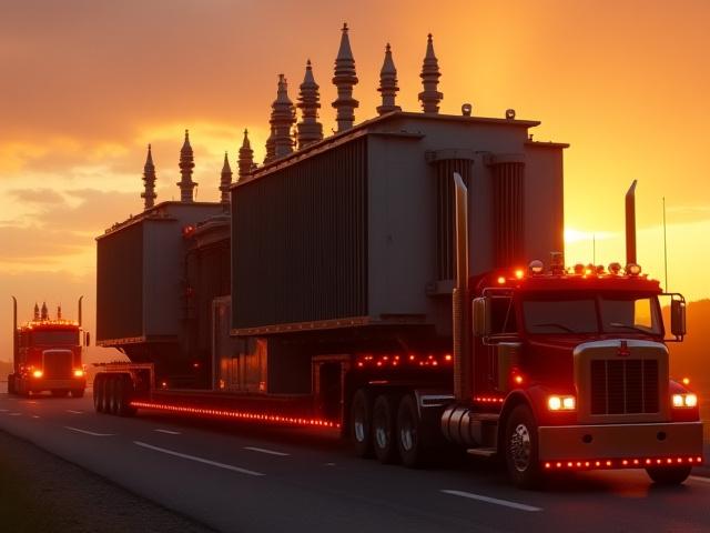 Massive electrical transformer being moved on a heavy-haul trailer