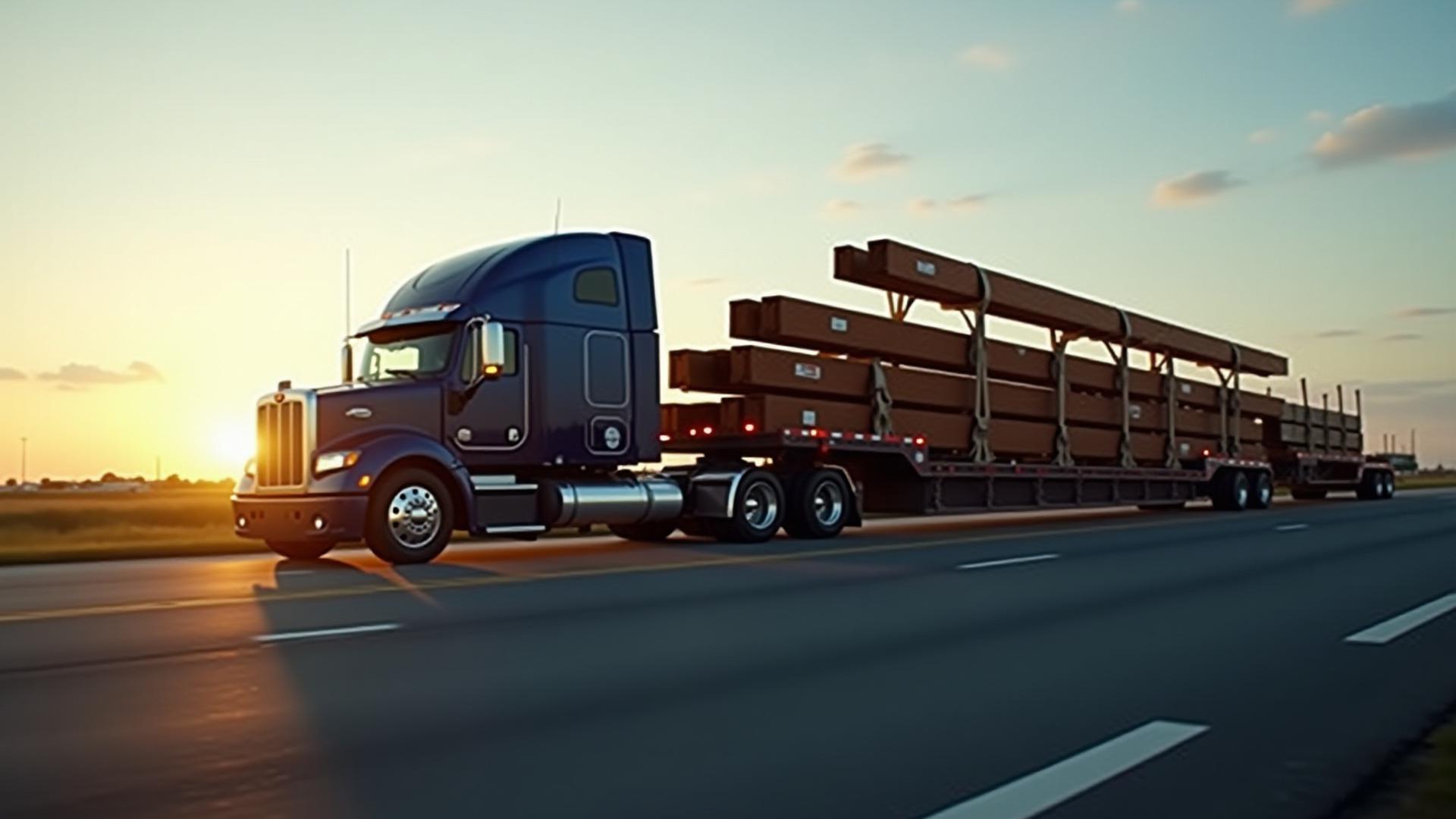 Flatbed truck transporting heavy structural steel beams under a clear Florida sky
