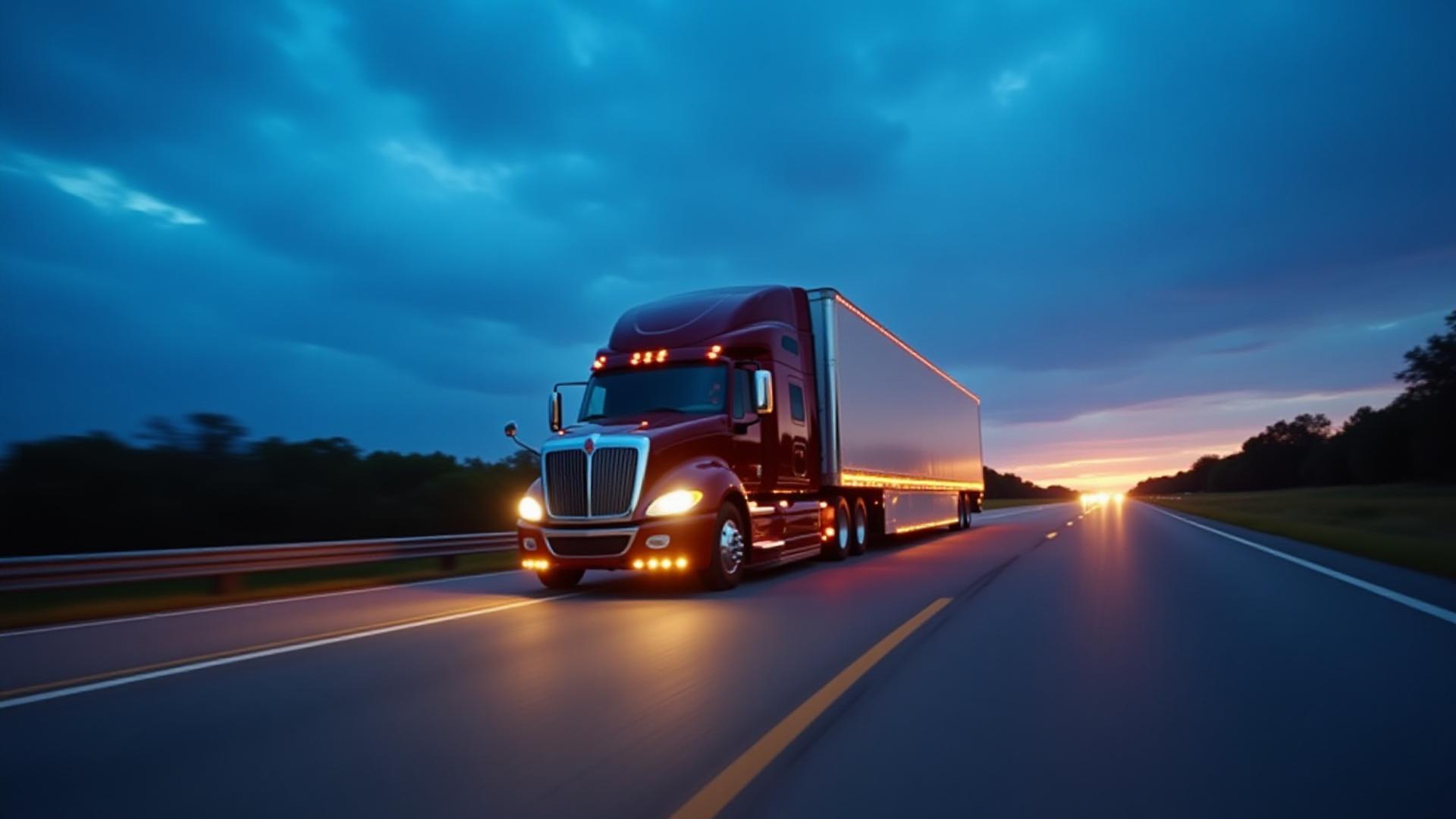 Greg Freight Hauling modern fleet truck driving through Florida at sunrise